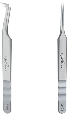 Natuhana Pince Extension Cils Volume Russe Professionnel en Acier Inoxydable Précis Droit et Courbé Nipper Pinces à Faux Cils Argenté (A-04+03)