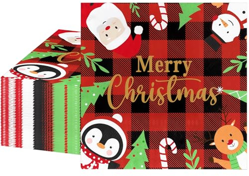 Cartoon Servietten, 60 Stück Rot karierte Cocktailservietten Einweg Rot Servietten Weihnachten Deko, Pinguin Weihnachts Servietten Xmas Napkins Geburtstag Papierservietten (33 x 33 cm)