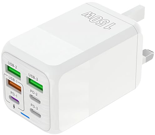 USB C Plug Fast Charge, 6-Port 150W Multi USB Plug UK Fast Charger Plug USBC Power Adapter+QC Wall Charger Head Type C Charging Plug Compatible with iPhone 17 16 15 14 13 12 11 Pro Max, Samsung