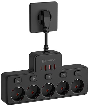 LEHOTPIA 5 Fach Anschlüsse Steckdosenverlängerung, 2500W Fach Steckdosenleiste, 10A USB Mehrfachsteckdose Steckdosenleiste mit 3 USB & 1 USB-C -Anschlüssen für Büro, Hause und Reisen(schwarz)