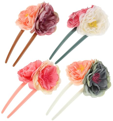 Hemobllo Épingles à Cheveux Rétro en Tissu et Plastique, Coiffes Fleuries U en Lot de 4, Accessoires Vintage Élégants pour Coiffure Traditionnelle ou Usage Quotidien