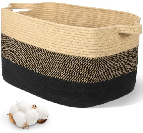 Alyvisun Grande Cesta Almacenaje, Cestas Almacenaje Baño para Dormitorio, Sala de Estar, Habitación de Bebé, Cesta Rectangular de Algodón Tejida para Juguetes, Mantas, Toallas, Ropa Sucia, 55x40x30 cm