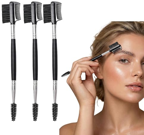 LEOUEANR Lot de 3 brosses à sourcils double face, peigne double face et bobine pour le maquillage des sourcils et la séparation des cils (noir)