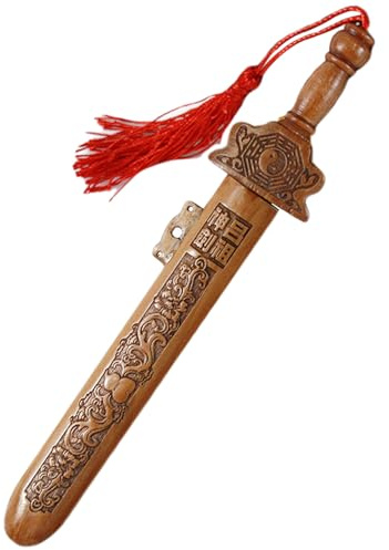 Faroby Trä svärd 18 cm handsnidad kinesisk persika trä barn dekorativ leksak med tofs