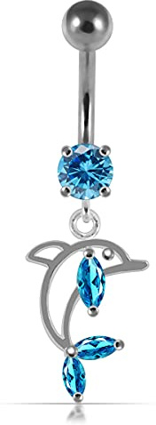 AZARIO LONDON Light Blue Crystal Stone Trendy Di Cut Dolphin Design Sterling Silver Belly Bars Piercing