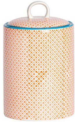 Nicola Spring Patterned Kitchen Canister - 15.5cm - Orange Porcelain Hand Printed Kitchen Storage Jar Airtight Biscuit Barrel for Biscuits, Oats, Tea, Coffee