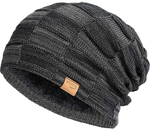 Vgogfly Slouchy Cool Beanie for Men Guys Lined Knit Warm Thick Skully Stocking Binie Winter Hat Black