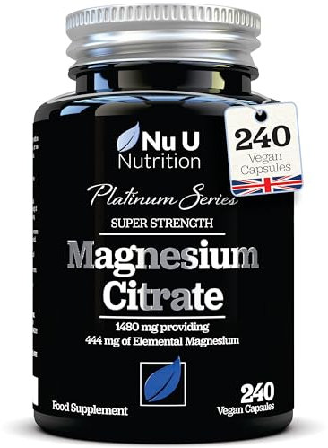 Magnesium Citrate 1480mg - 240 Vegan Capsules - 4 Month Supply - Providing 444mg Elemental Mag - Capsules not Tablets - High Strength Supplement - Made in The UK - Nu U Nutrition