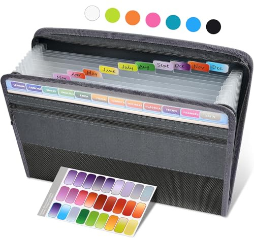 Sooez Accordion File Organizer with Safe Zipper, 12 Pocket Expanding File Folder with Front Pencil Pouch, Portable Monthly Paper Bill Tax Receipt Organizer, School Office Supplies, Letter Size, Grey