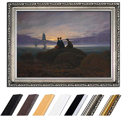 Bilderdepot24 Bild mit Rahmen - Caspar David Friedrich Mondaufgang am Meer 50x40 cm - Gerahmtes Leinwandbild Alte Meister - Antiker Rahmen Silber Barock, Klassisch