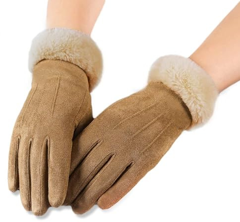 AXELENS Guanti Invernali Touchscreen Donna Ragazza – Scamosciati in Eco Pelle con Interno Felpato e Polsino in Pelliccia Morbida – Taglia S/M_beige