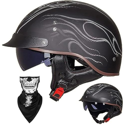 EBAYIN Casque Moto Demi Casque Bol Brain - Cap RéTro Harley Jet Casque Certifié ECE Cruiser Chopper Scooter Pilote Casque Lunettes IntéGréEs Unisexe Casque à DéGagement Rapide,B-M=（57~58cm）