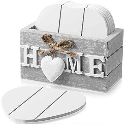Patelai Wooden Heart Coasters for Drinks Set of 6 Funny Farmhouse Coasters with Holder for Coffee Table Protection Housewarming Gifts New Home Decoration, 4 Inch(Home, Grey)