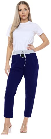 Candid Styles Womens Italian Denim Joggers Sweatpants Plain Floral Star Elasticated Waist Gym Running Yoga Pants Jogging Turn Up Trousers 8-22#Contrast Navy #(UK 16-18#Womens)