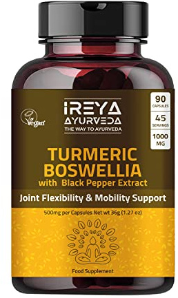 Turmeric Boswellia Extract 1000mg | 90 Capsules 45 Days Serving | Featuring Boswellia Serrata, Turmeric Curcumin, and Bioperine – Plant-Based Supplement by Ireya Ayurveda