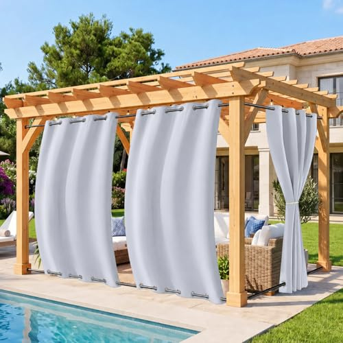 Rosnek Outdoor Vorhang Wetterfest Winddicht, Balkon Gardinen mit Ösen Oben & Unten, Blickdicht Wasserdicht Sonnenschutz Sichtschutz Gardinen für Terrasse,Pergola,Pavillon, H213x B132 cm, Grauweiß