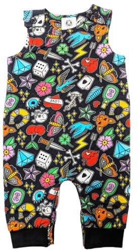 Baby Moo's Tattoo Baby Romper | Unisex Cool Traditional Flash Tattoo Sleeveless Dungarees - Alternative Rock n Roll UK (3-6 months)