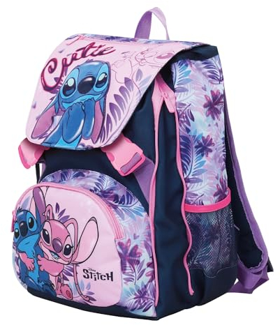 Seven Zaino Scuola Estensibile DISNEY - LILO & STITCH 2CUTE, Azzurro Rosa - Doppio Scomparto Sdoppiabile Tramite Zip e Con Tasca Porta Borraccia, Bambina