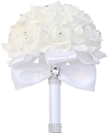 JOYWU Wedding Bouquets for Bride, 23 x 17cm Bridal Roses with Crystal Diamonds and Soft Ribbons, White Rose Bridal Flowers, Bridesmaid Hand Flowers, Artificial Wedding Bouquet