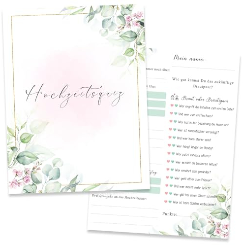 50 Karten Hochzeitsquiz, Spaßiges Hochzeitsspiel für Gäste, Hochzeitsspiele für das Brautpaar, Hochzeit Party Spiele, Hochzeitsgeschenk, Hochzeitsdeko(Eukalyptus)
