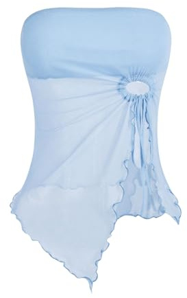 GORGLITTER Tubtopp, crop top av mesh för damer, axelbandslös topp, Y2k-topp med vågfåll, axellös, sommartopp med slits, Ljusblå, S
