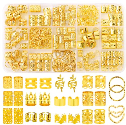 190 Pcs Gold Hair Jewelry for Braids & Dreadlocks - Loc Jewelry with Ring Cuffs, Clips, Charms & Decorations for Men, Women & Girls