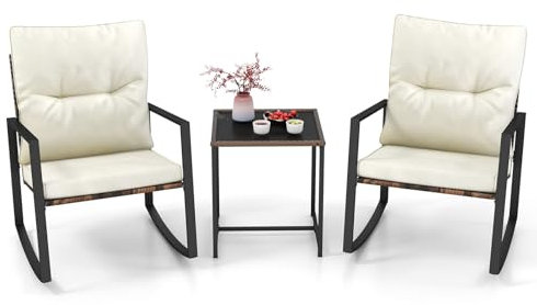 COSTWAY 3-Piece Rocking Bistro Set, PE Rattan Furniture Set with 2 Rocker Chairs, End Table and Removable Cushions, Wicker Patio Conversation Sofa Table Set for Balcony Yard Poolside