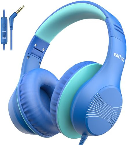 EarFun K3 - Cuffie sovrauricolari per bambini, con microfono, limite di volume sicuro di 85/94 dB, suono stereo HD, jack da 3,5 mm, cuffie pieghevoli con cavo per