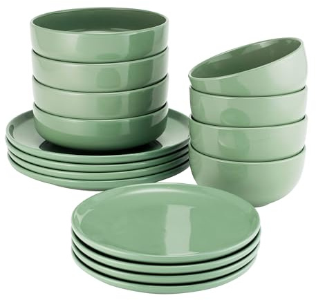 ProCook Stockholm Green Dinner Set with Pasta Bowls Stoneware Scandinavian Style Flat Base Dishwasher, Microwave & Oven Safe Dinnerware 16 Piece, 15/20/22/27 cm