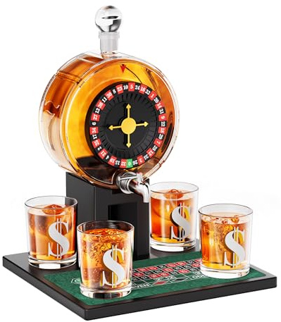 Kollea Juego de decantador de whisky de ruleta, 68 onzas, decantador de ranura estilo casino con vasos de 4 dólares, regalos de cumpleaños para padres para hombres, papá, él, dispensador de licor para