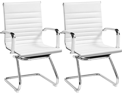 Yaheetech Faux Leather Guest Reception Chair Waiting Room Ergonomic Office Chair Mid-back Desk Chair with Armrests for Conference, Set of 2, White