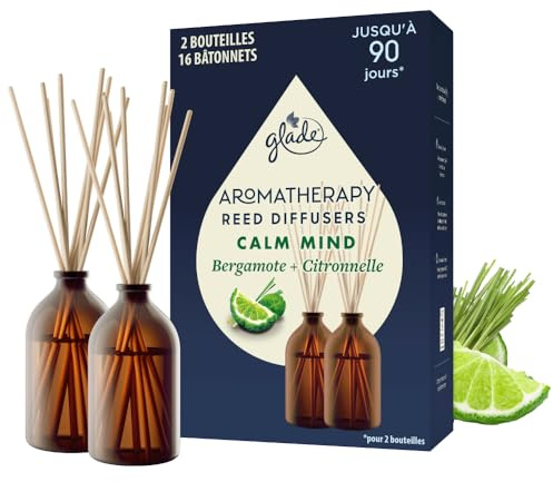 Glade Aromatherapy Bâtonnets - Diffuseur De Parfum Infusées Aux Huiles Essentielles - Calm Mind, Bergamote & Citronelle - 2 Diffuseurs de 80ml | Jusqu'à 90 jours de parfum pour créer une atmosphère apaisante et agréablement parfumée dans votre intérieur