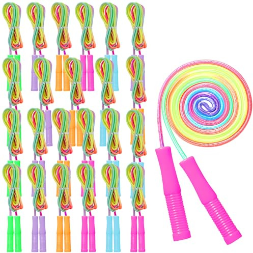24 cuerdas de saltar coloridas, cuerda de saltar de velocidad arcoíris de 7 pies a granel, cuerdas de saltar aeróbicas de nailon con asas de plástico ajustables para estudiantes, niños, fiestas,