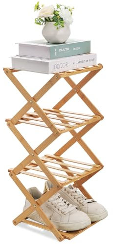 Fentar Schuhregale 4 Ebenen - Schlankes Faltbares Schuhregal aus Bambus, Platz für Eingang, Schlafzimmer und Ecke
