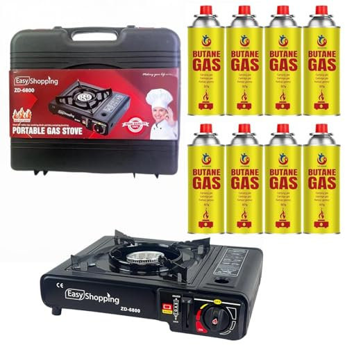 Easy Shopping® Portable Gas Stove Burner for Camping, Caravan, Outdoor BBQ Party with Eight Butane Canister and Carry Case