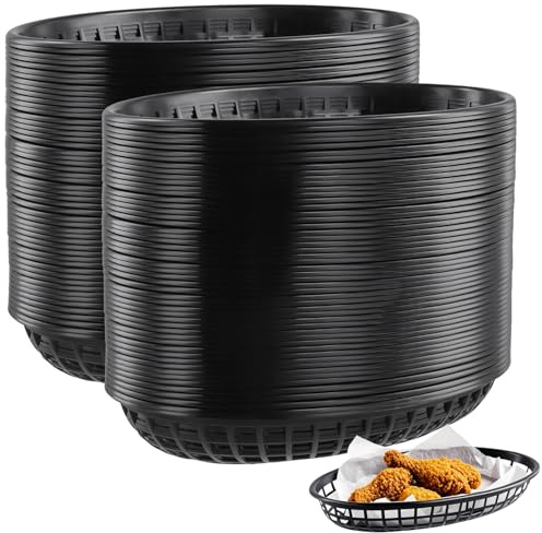MUKSUET 80 PCS Black Food Basket, 23 x 14.5 x 4cm Plastic Oval Fruit Basket, Reusable Food Baskets for Fries, Party, Picnics