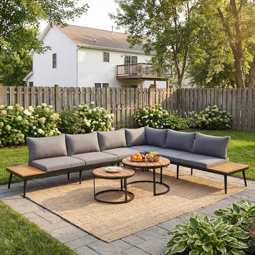Jtyca Balkon Möbel Set für 5-6 Personen, Gartenmöbel Set mit Verzinkter Eisenrahmen, 6-Teiliges, 2 Doppelsofa, 2 Einzelsofa, 2 Tisch, Inklusive Aller Sitz und Rückenkissen (Grau)