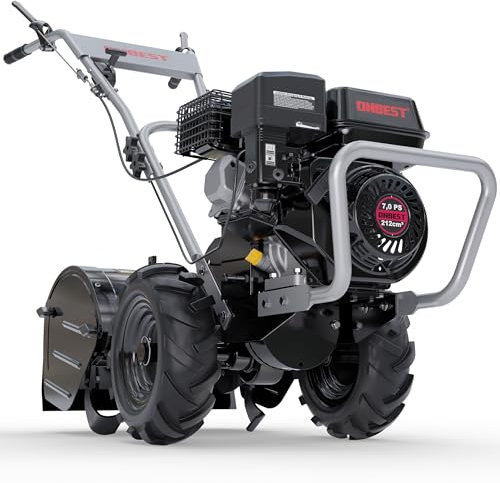 ONBEST Gartenfräse Benzin – mit 48 cm Arbeitsbreite – 4-Takt Motor – 4,1 kW / 7,0 PS – 12 Messer – 175-350 mm Arbeitstiefe – Gartenfräse – Gartenhacke – Kultivator – umgraben & auflockern vom Boden