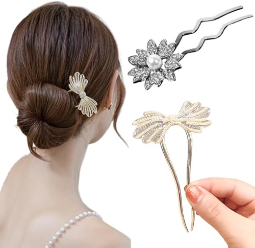 2 Stück French Hair Pin Metall Französische Haarnadel French Twist Hair Pin, Diamanten Perlen, Blumen Schleifen, U-Förmige Haargabel Groß Haarpin Clip für Frauen Mädchen Alle Haartypen