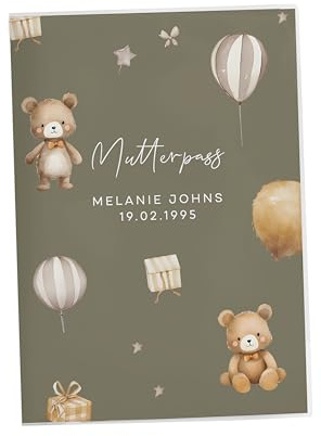 NORDEULE® Mutterpasshülle mit Name und Datum personalisiert Olivgrün | Kunststoff Schutzhülle mit Design-Einsatz Bären Familie und Ultraschallbildfach (Molly Olive, Mutterpasshülle)