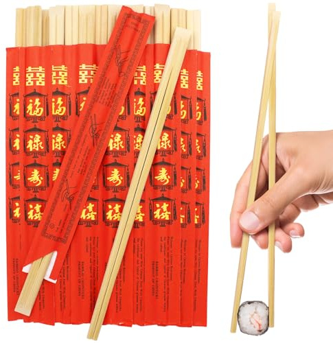 sugormek 9 inch 50 pcs Red Paper Wrapped with FU-LU-SHOU-XI Disposable Bamboo Chopsticks Perfect for Wedding, Private & Public Dining and Etc (50)