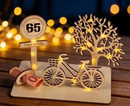 I LOVE MOM Geldgeschenk 65. Geburtstag Holz mit LED Lichterkette – Kreative Geldgeschenk Verpackung mit Fahrrad & Lebensbaum – Geldgeschenkhalter Geburtstag 65 für Frauen, Männer, Freunde