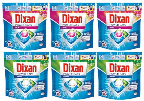 Dixan Power Caps Detersivo in Capsule per Lavatrice - 2 Confezioni Color + 2 Confezioni Classico, Confezione da 6 x 35 capsule - 210 Lavaggi