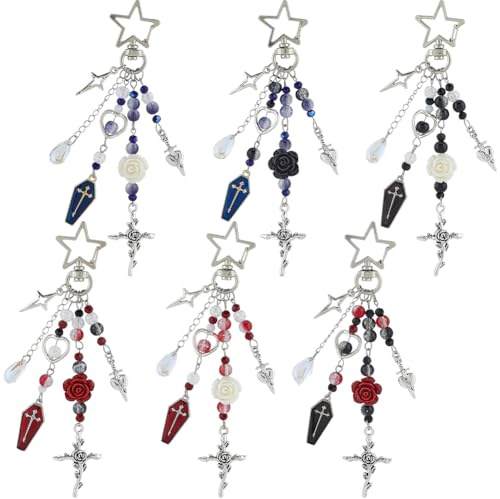 SUNNYCLUE 6 Stück Gothic Taschenanhänger Kreuz Schlüsselanhänger Halloween Schlüsselanhänger Schwarze Rote RosenFloridnperlen Horror Sarg Schlüsselanhänger Geldbörsenanhänger Für Handtaschen Taschen R