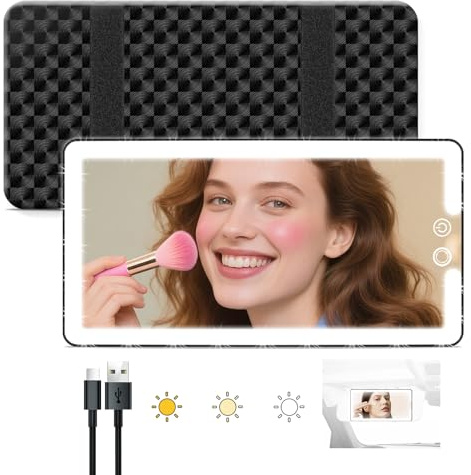 Jadazror Car Sun Visor Vanity Mirror with Lights, Rechargeable LED Car Visor Makeup Mirror with 3 Color Dimmable Lights - Universal Accessories for Cars, SUVs, Trucks (Black)