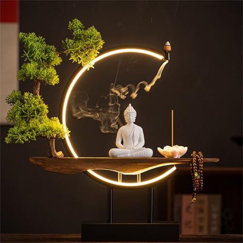 Buddha-Statue mit LED-Kreislampe, 3D-Wandleuchter, Wanddekoration für Wohnzimmer, Zen-Kunstwerk mit künstlichem Baum für Räucherstäbchen, Veranda