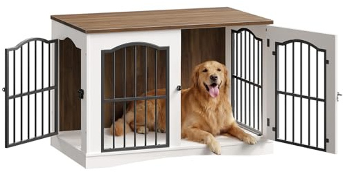 HOOBRO Cage pour Chiens, Niche Moderne pour Chien Intérieur, 3 Portes, Cage Chien de Taille Moyenne Robuste, Maisonnette pour Animaux, pour Salon, Chambre, Escalier, Blanc et Noyer Naturel EWH66GW03