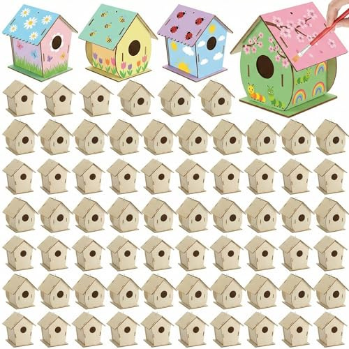 DoubleFill 60 Pcs Wooden Bird Houses Bulk for Kids Unfinished Wood Birdhouses for Children Wood Craft Project Kits for DIY Wooden Arts and Crafts for Valentines Crafts