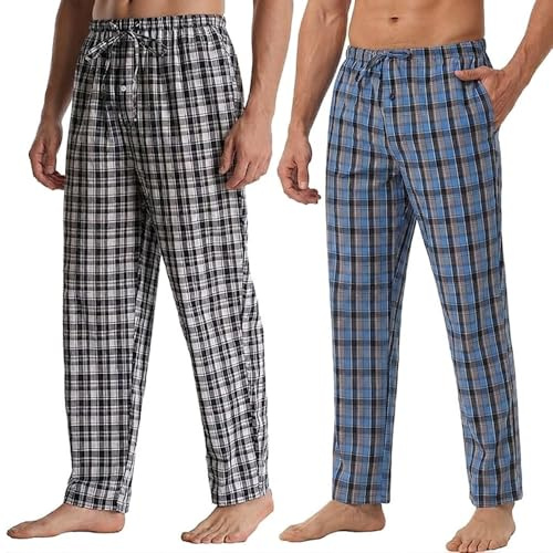 BEGIANT Bas de Pyjama Homme à Carreaux Pantalon de Nuit Tissé Léger avec Poches et Cordon Vêtement de Détente Coupe Droite,Noir, blanc et bleu à carreaux,XL