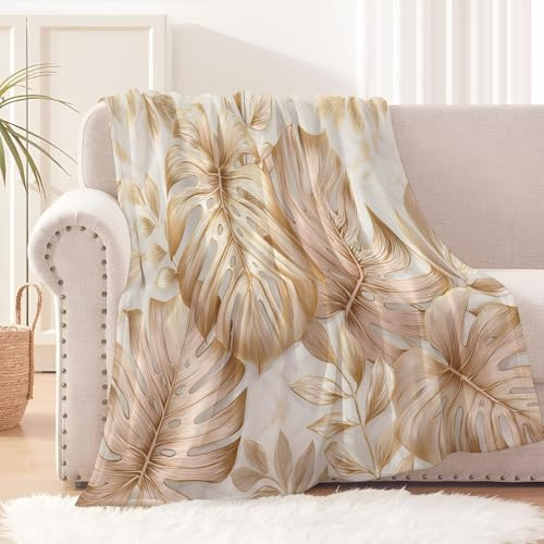 Golden White Palm-Leaf Monstera Blanket Throw,Luxury Plants Pattern Soft Cozy Flannel Blanket,Warm Lightweight Plush Couch Sofa Bed Cover Decorative For Man Woman,40X50(100X130Cm)